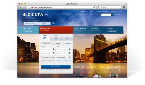 Screenshot of Delta homepage