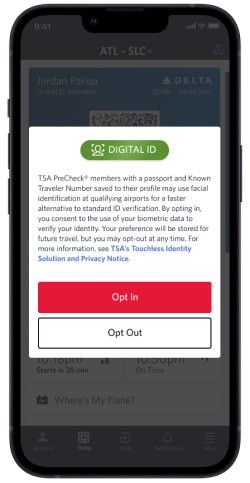 Fly Delta中帶有數位ID選擇參加螢幕的iPhone