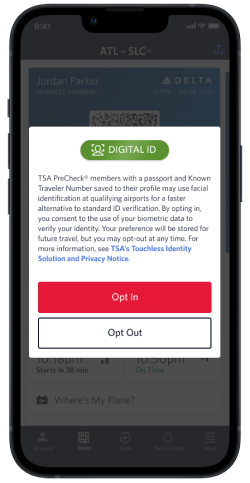 Écran d'un iPhone pour l'inscription à l’identification numérique dans la Fly Delta App