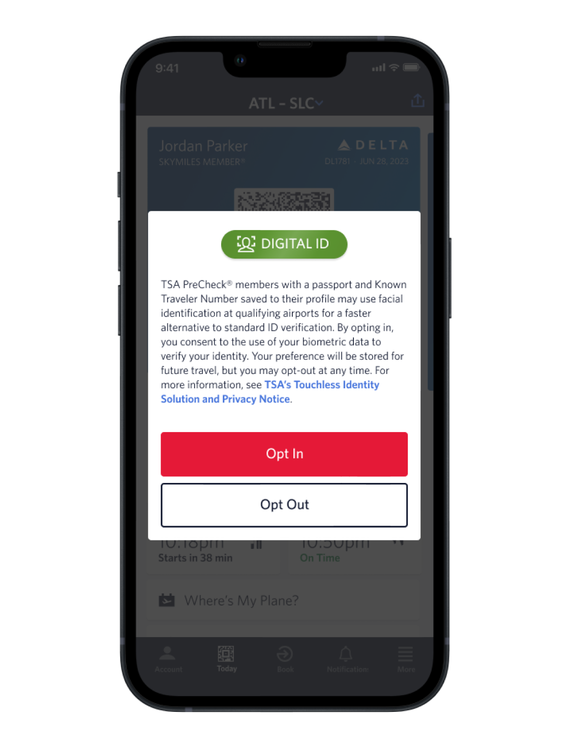 iPhone com tela de autorização para receber comunicações promocionais para a Digital ID no Fly Delta