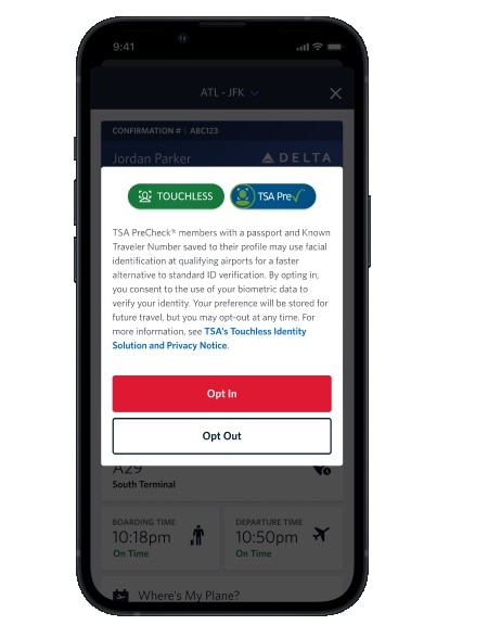 iPhone with TSA Touchless Precheck and Digital ID Opt In Screen in Fly Delta