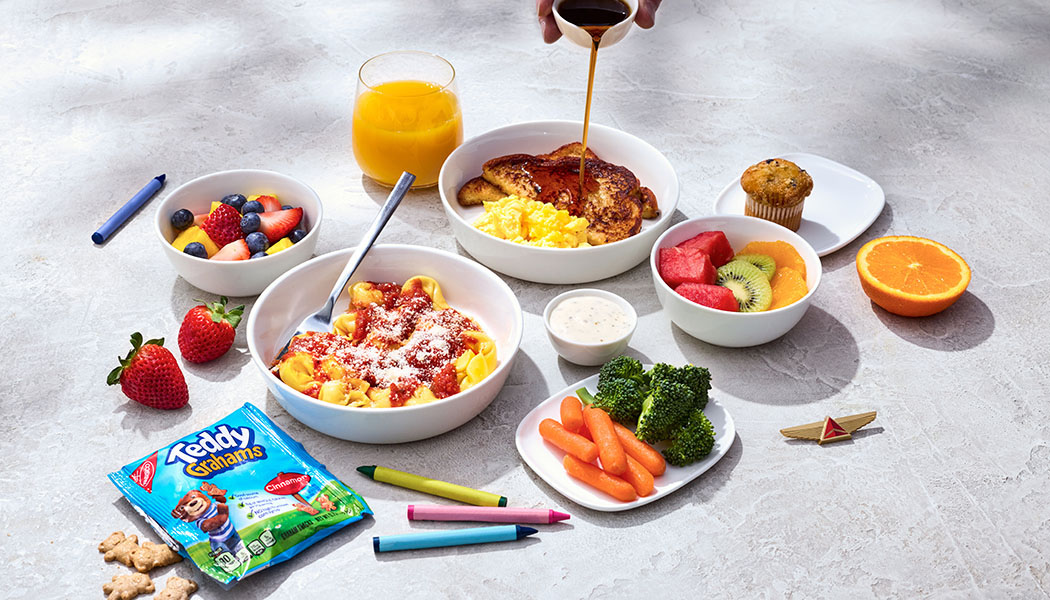 A display of child, vegitarian and low-cholesterol meals