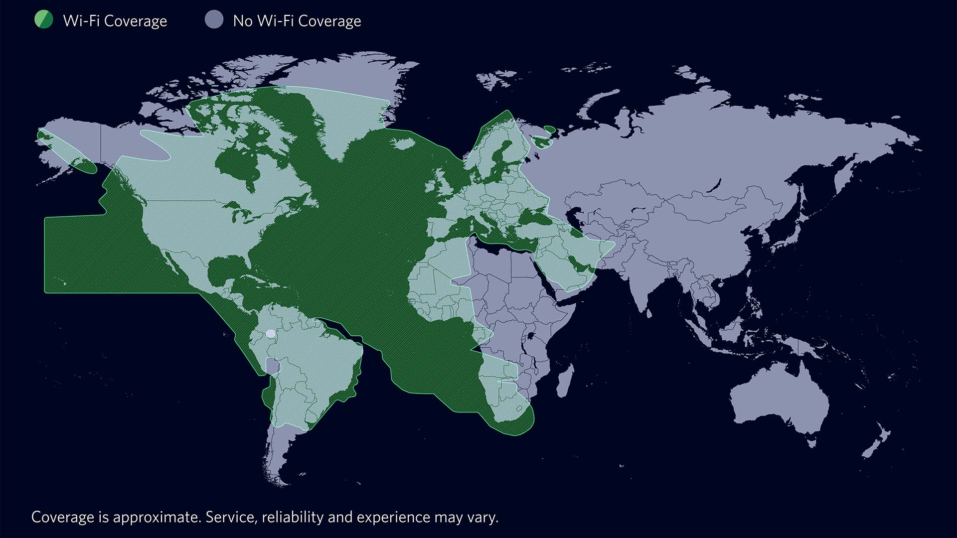 Map showing where Viasat offers Wi-Fi coverage throughout the world. 