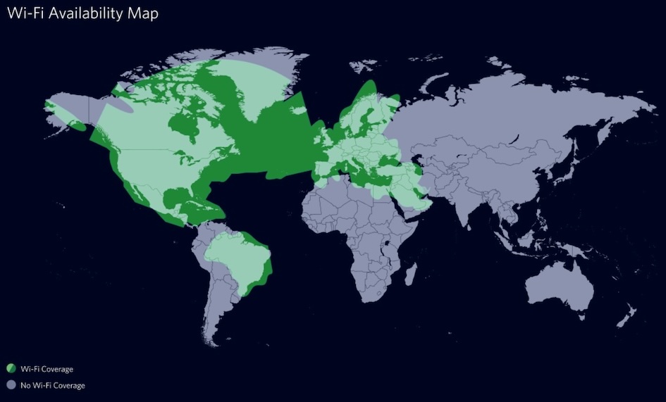 Map showing where Viasat offers Wi-Fi coverage throughout the world. 