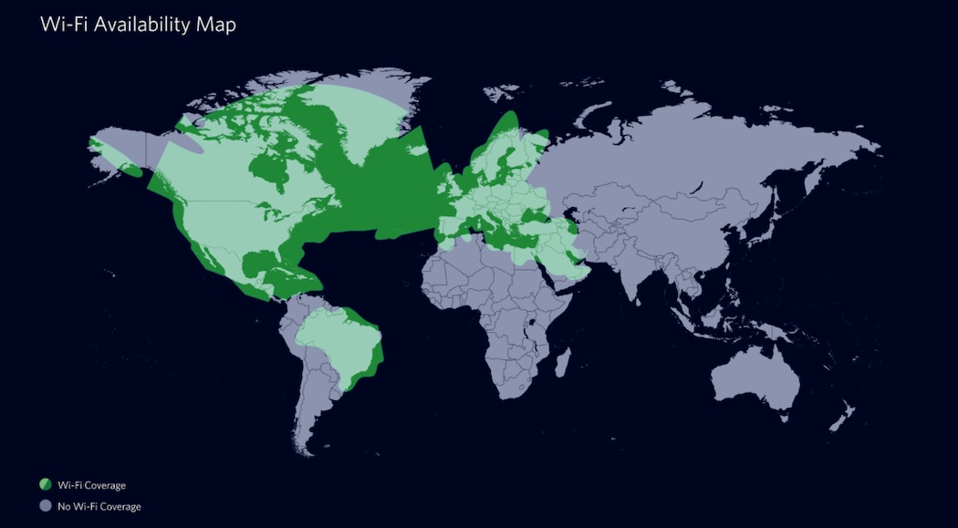 Map showing where Viasat offers Wi-Fi coverage throughout the world. 