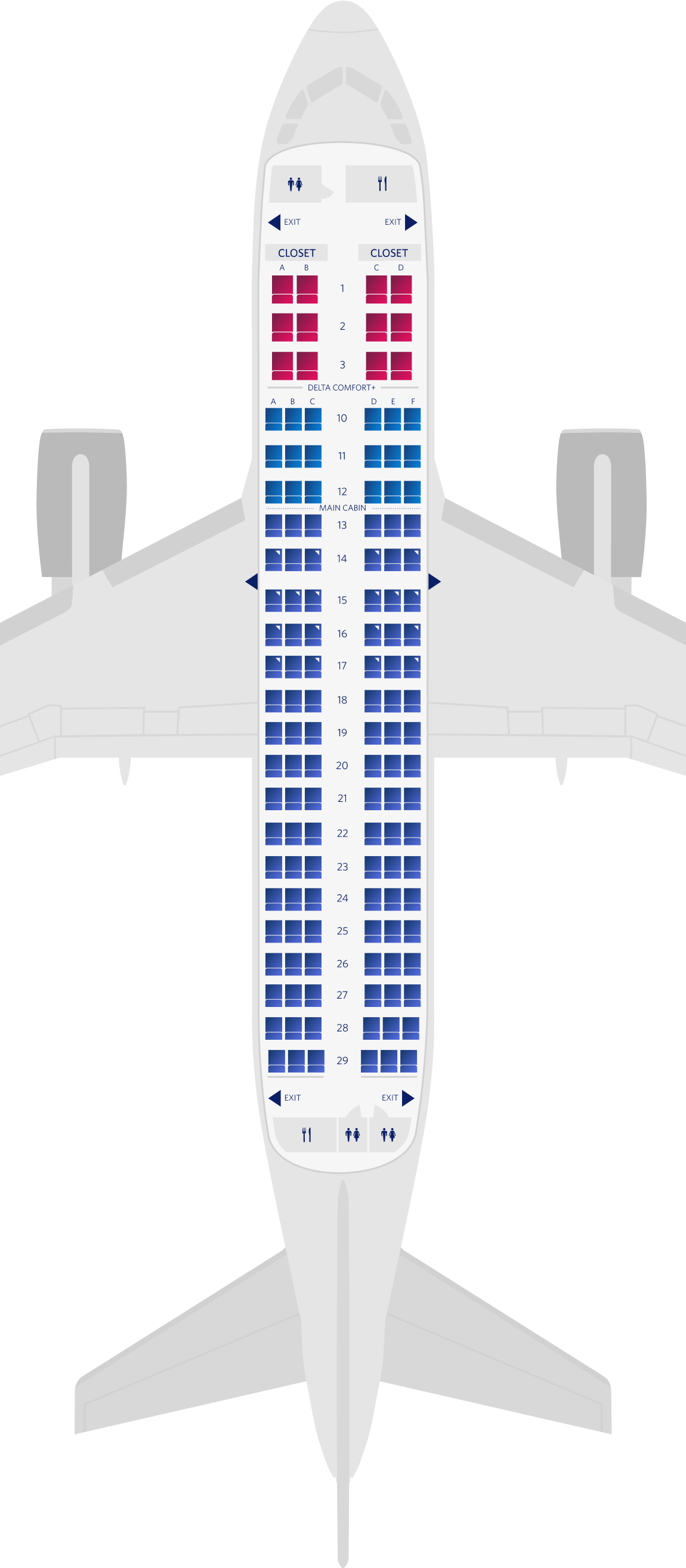 Mapa de asientos del Airbus A319-100 de 3 cabinas