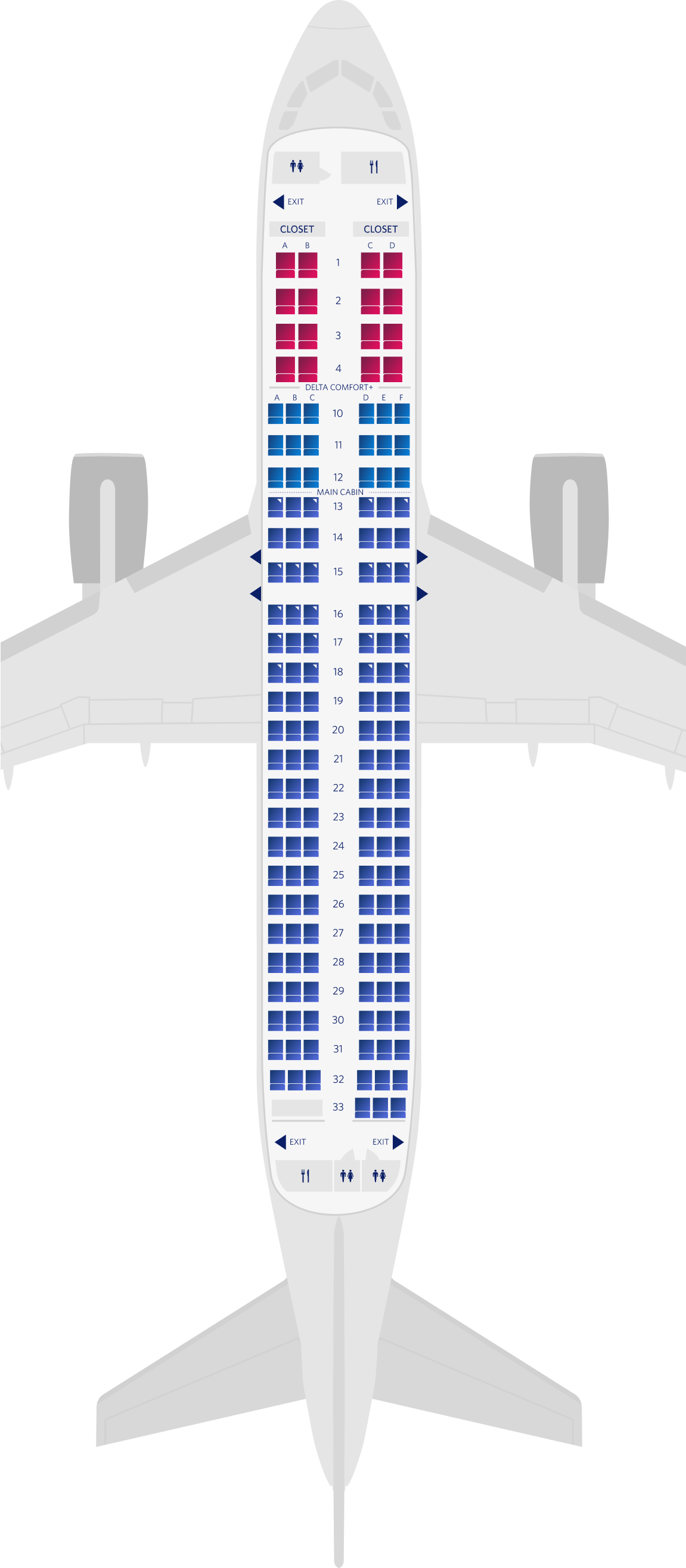 Mapa de asientos del Airbus A220-200 de 3 cabinas