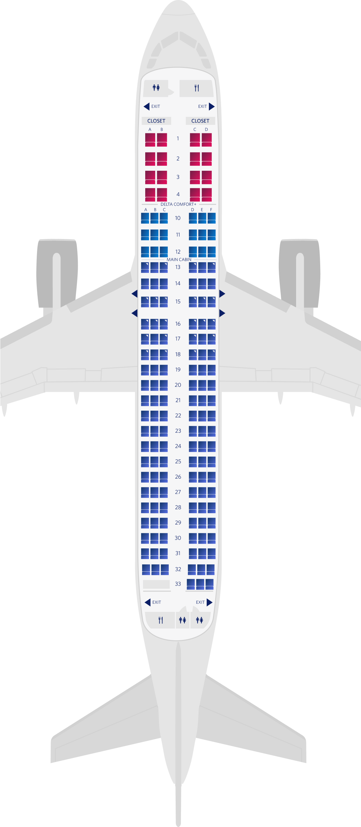 Mapa de assentos do Airbus A220-200 com 3 cabines