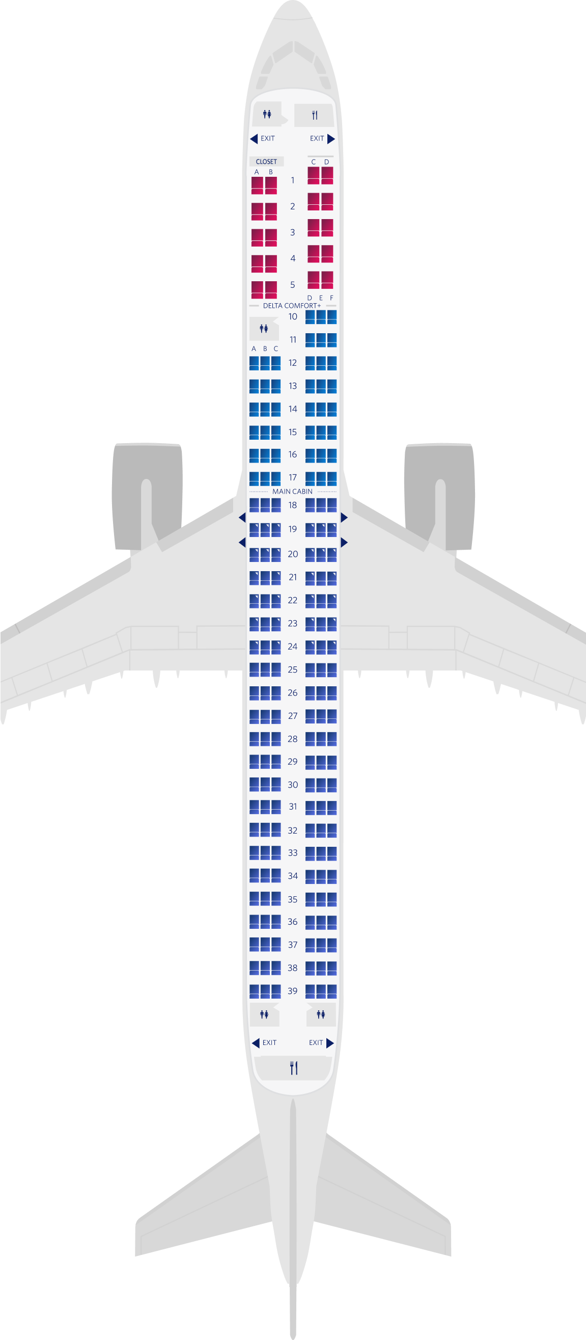 Mapa de assentos do Airbus A321neo com 3 cabines