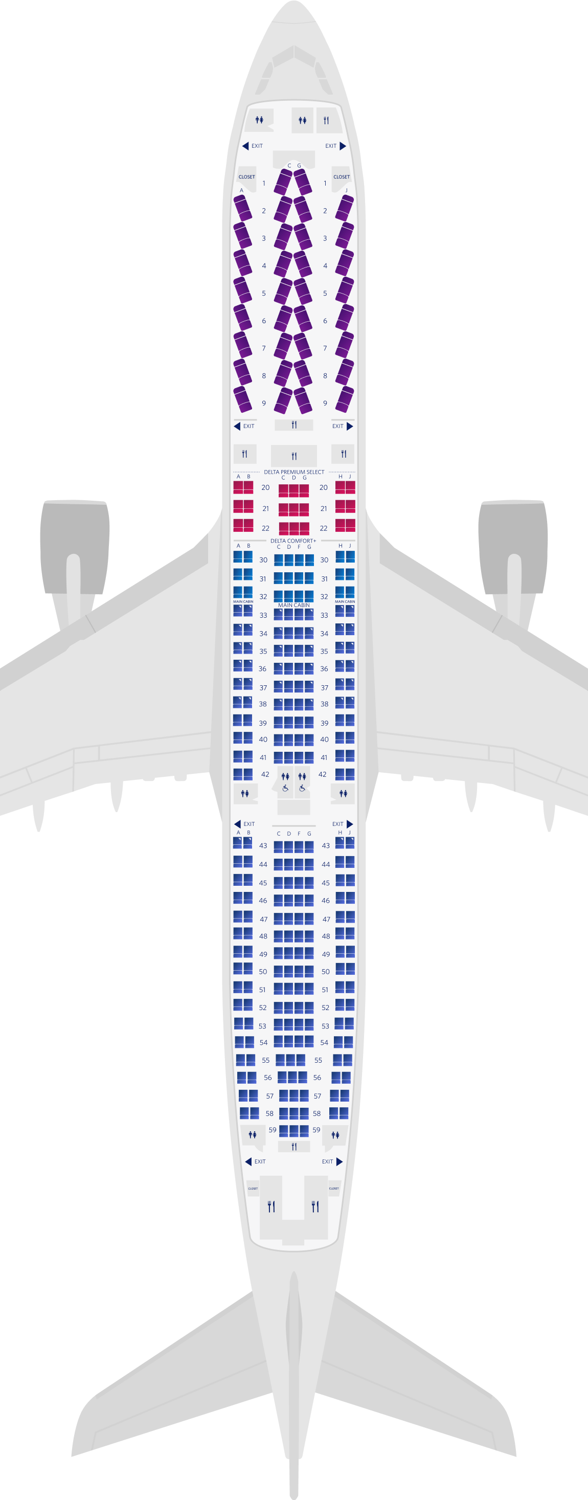 Mapa de asientos del Airbus A330-300 de 4 cabinas (3M3)