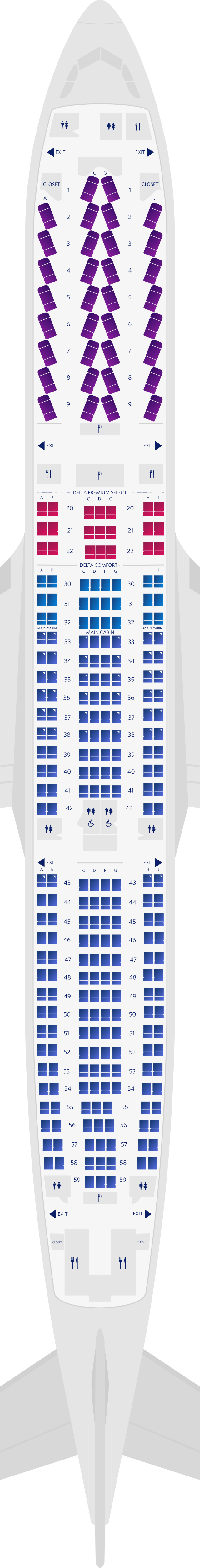 Mapa de assentos do Airbus A330-300 com 4 cabines (3M3)
