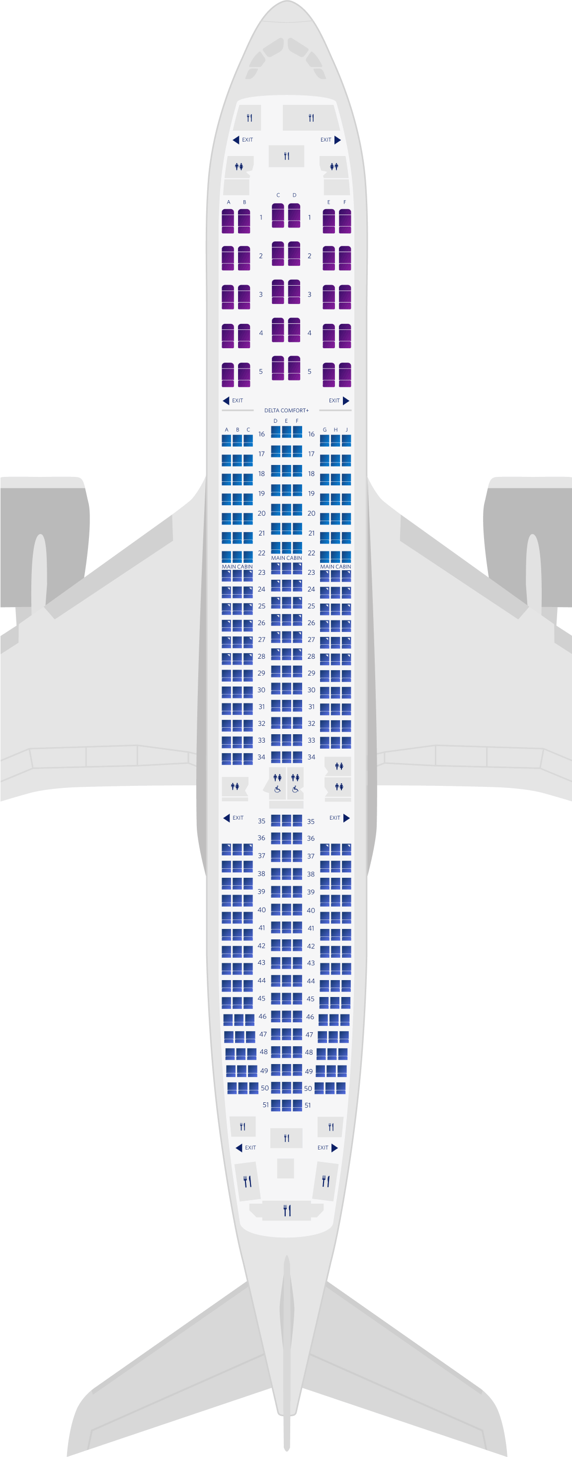 Mapa de assentos do Airbus A350-900 com 3 cabines
