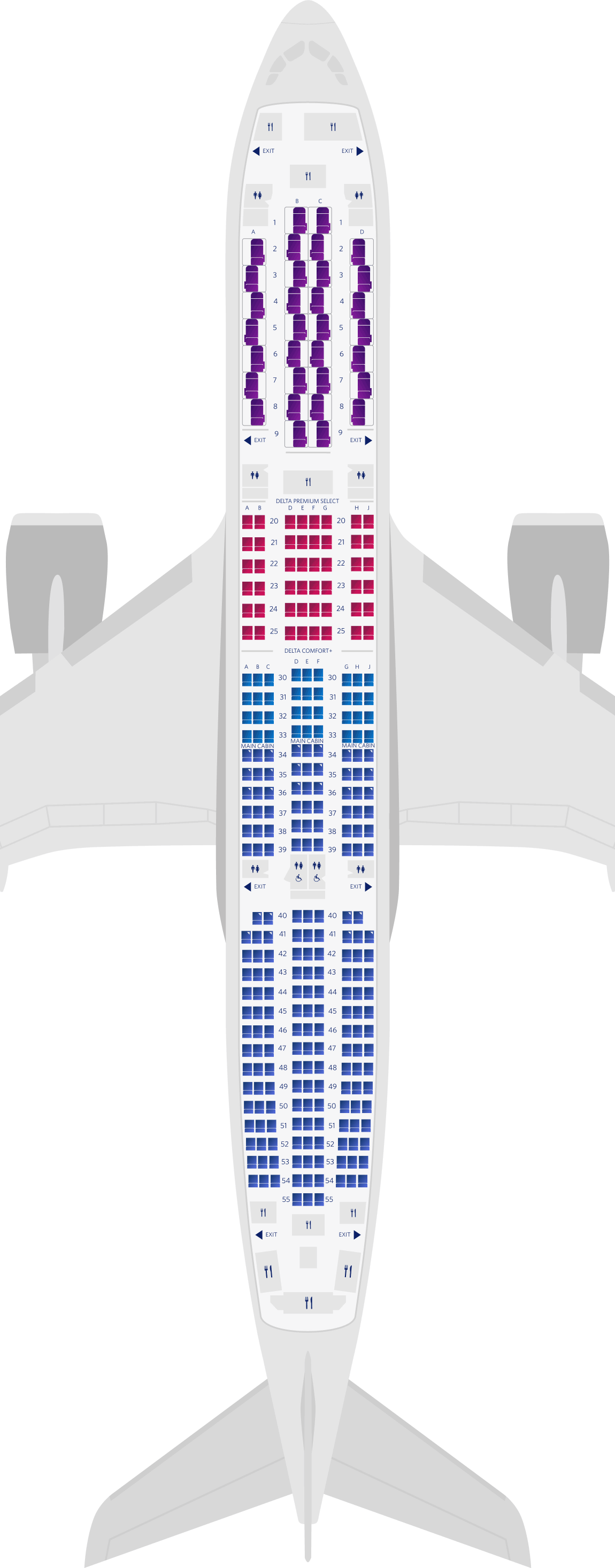  Mapa de assentos do Airbus A350-900 com 4 cabines