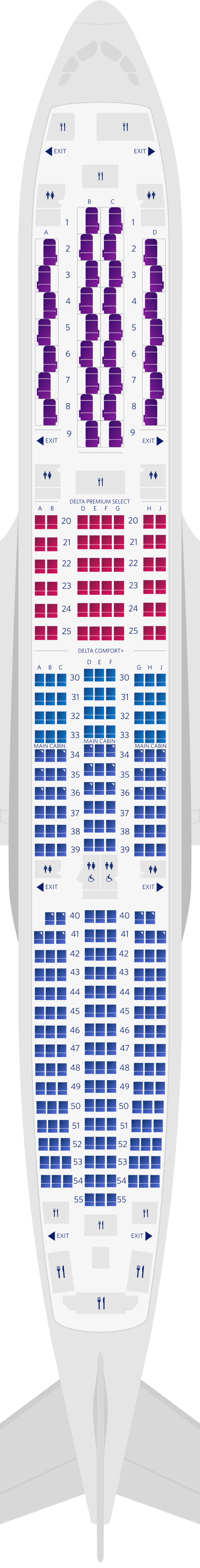  Mapa de assentos do Airbus A350-900 com 4 cabines