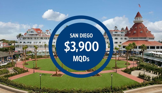 Hotel Del Coronado in San Diego with $3900 MQDs vacation offer in blue circle. 