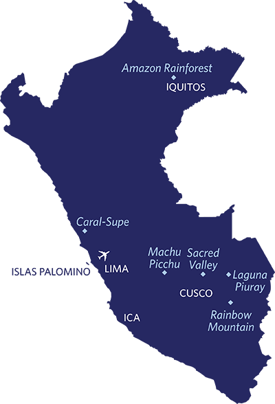 Navy Blue Map of Peru highlighting popular areas. 