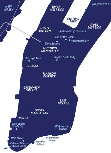 Map of Manhattan highlighting notable areas in New York City. 