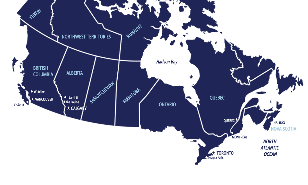 Navy Blue Map of Canada highlighting popular areas. 
