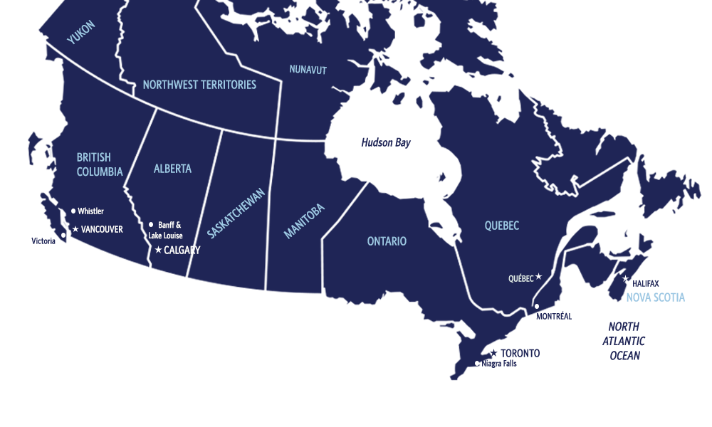 Navy Blue Map of Canada highlighting popular areas. 