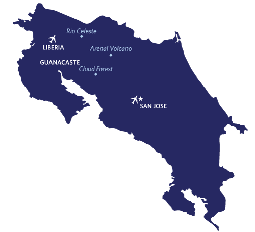Navy Blue Map of Costa RIca highlighting popular areas. 