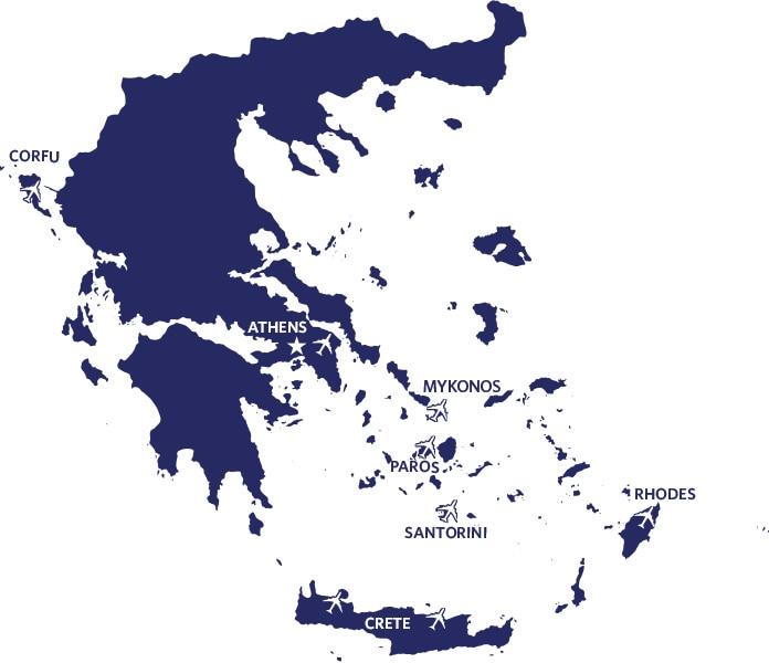 Navy Blue Map of Greece highlighting popular areas. 