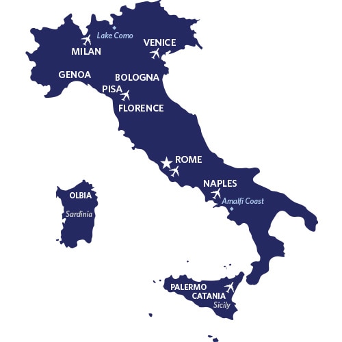 Navy Blue Map of Italy highlighting popular areas. 