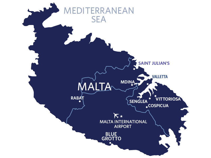 Navy Blue Map of Malta highlighting popular areas. 