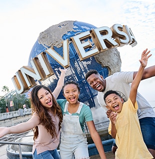 Family in front of Universal Orlando globe