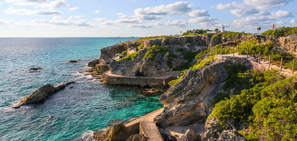 Scenic ocean views at Punta Sur on Isla Mujeres with turquoise Caribbean waters. 