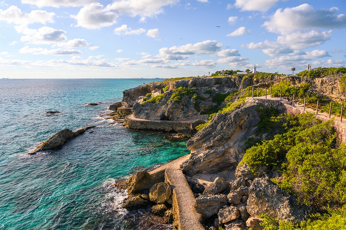 Scenic ocean views at Punta Sur on Isla Mujeres with turquoise Caribbean waters. 
