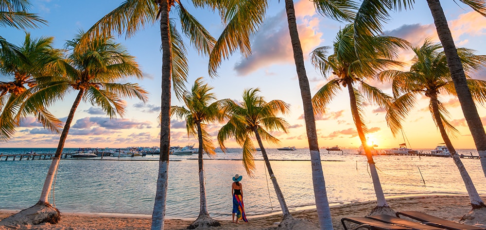 Aerial view of a Cancun beachfront resort with palm trees, white sand, and turquoise waters. 