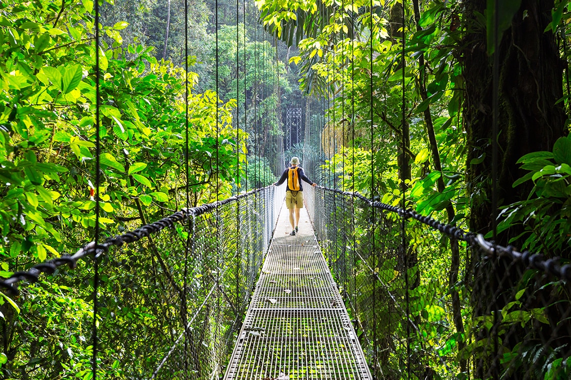 A traveler walking across a hanging bridge surrounded by lush rainforest in Costa Rica. 