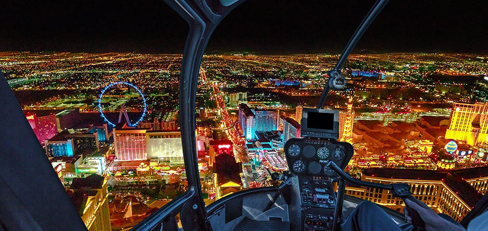 Nighttime aerial view of the Las Vegas Strip from a helicopter. 