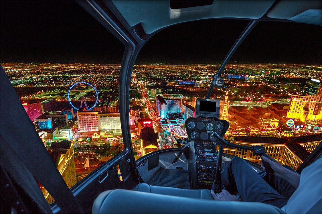 Nighttime aerial view of the Las Vegas Strip from a helicopter. 