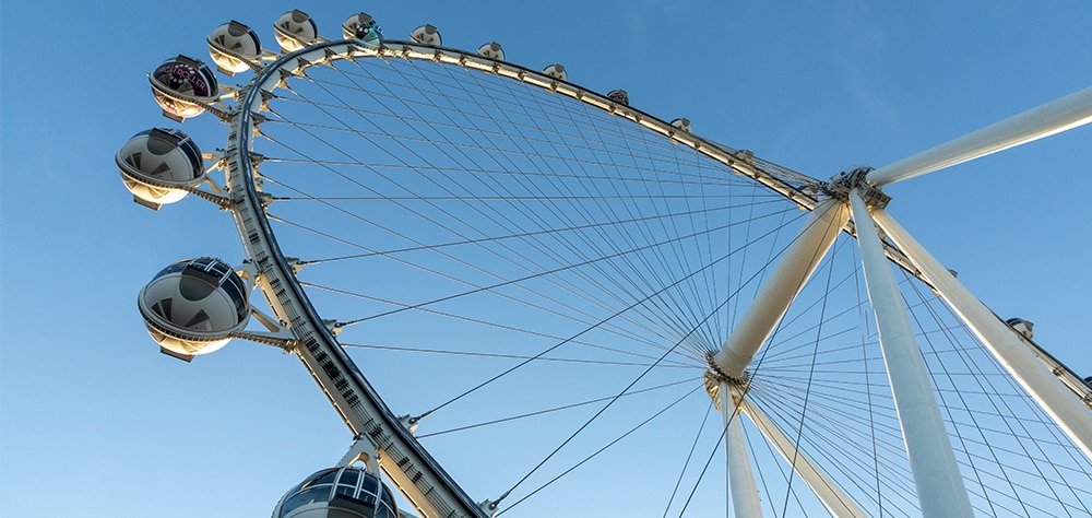 High Roller observation wheel on the Las Vegas Strip against a clear blue sky. 