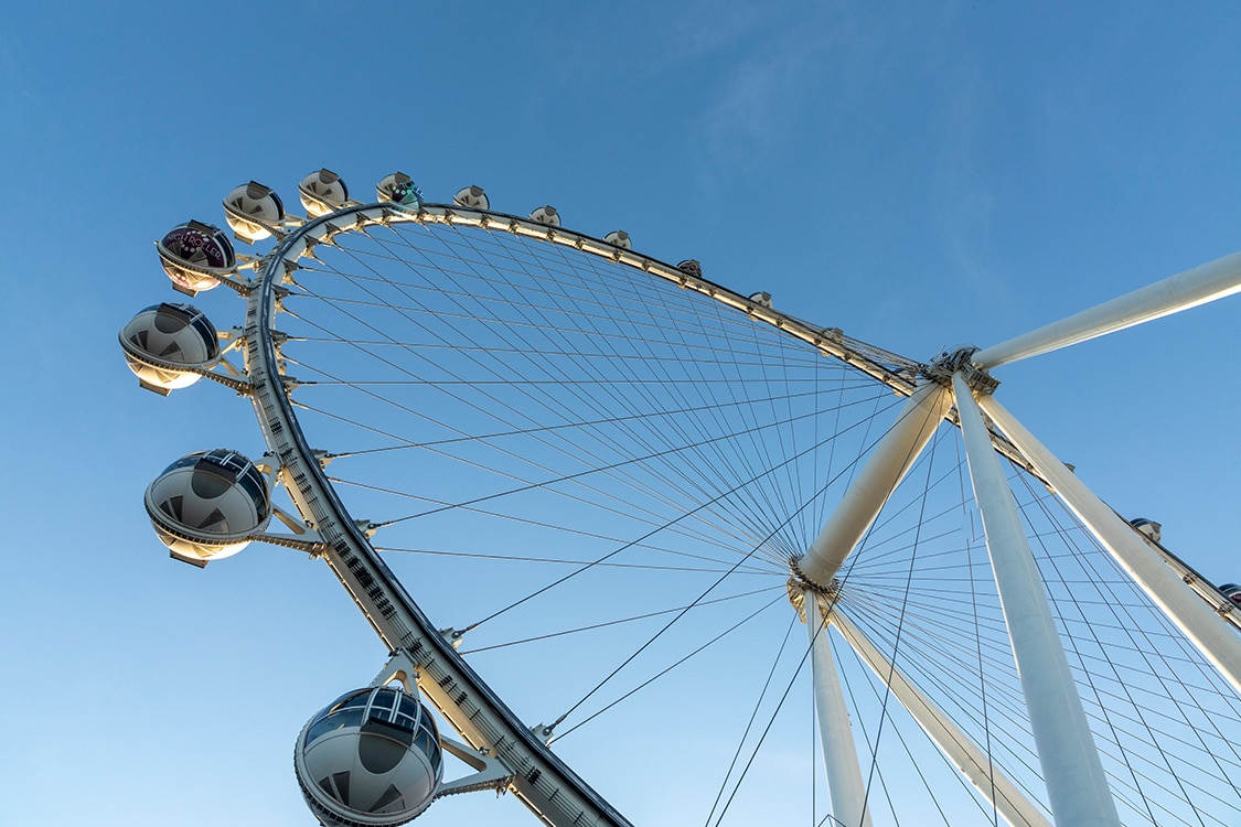 High Roller observation wheel on the Las Vegas Strip against a clear blue sky. 