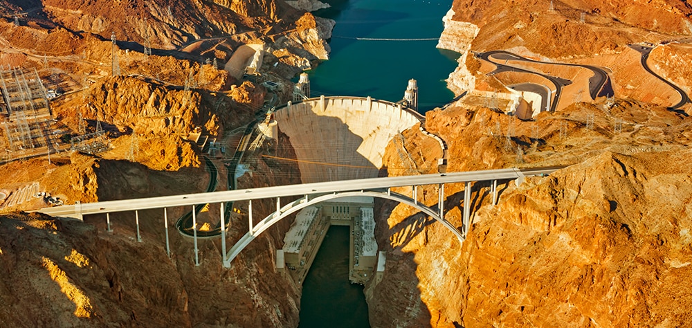 Hoover Dam and bridge spanning Black Canyon near Las Vegas. 