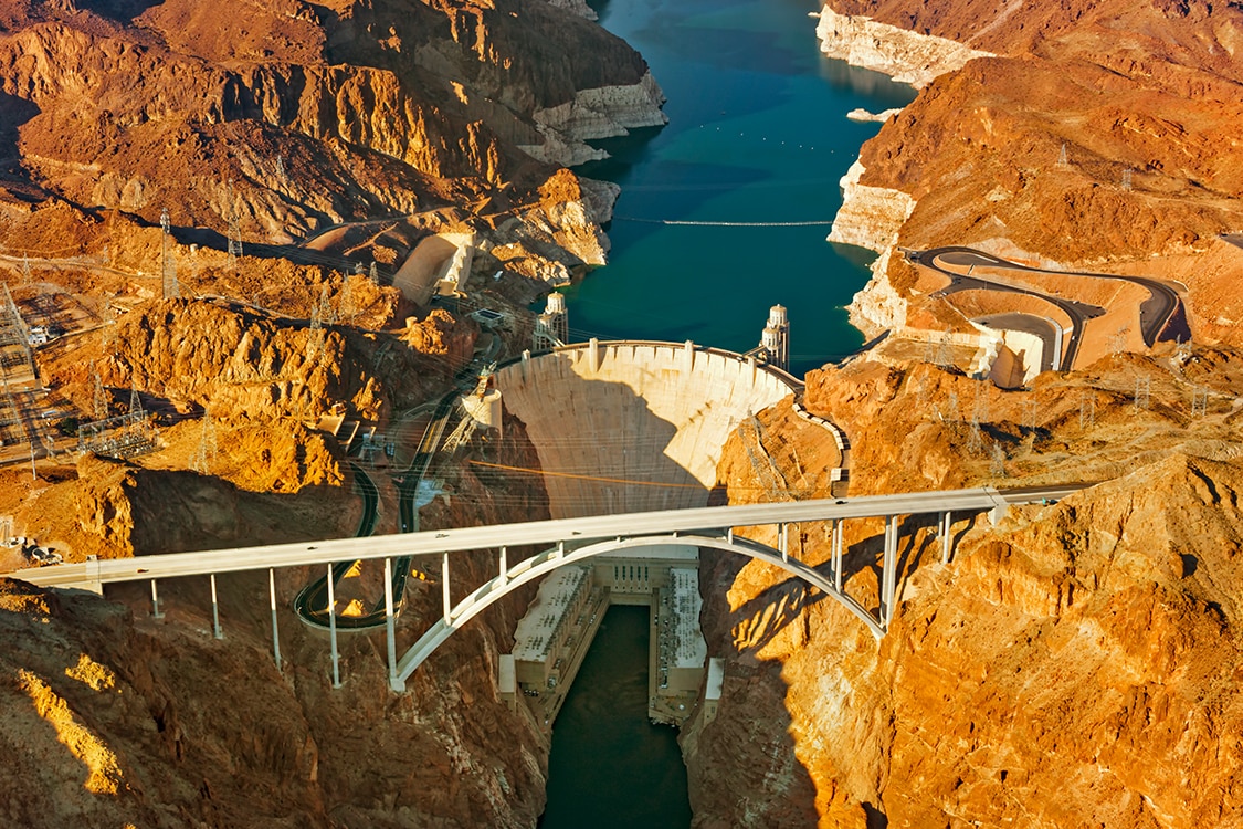 Hoover Dam and bridge spanning Black Canyon near Las Vegas. 