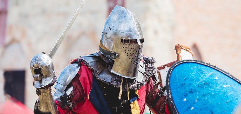 Armored knight performer in medieval themed live show in Las Vegas. 