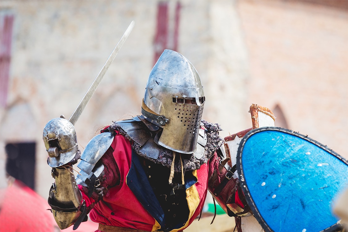 Armored knight performer in medieval themed live show in Las Vegas. 