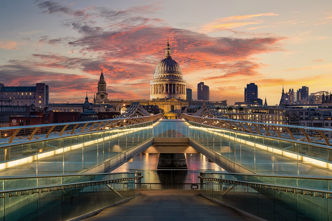 St. Paul's cathedral at Sunset viewed from Millennium Bridge in London. 
