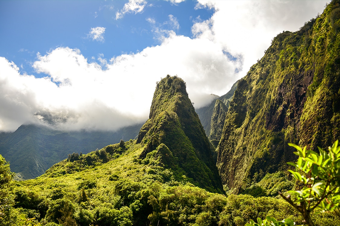 Lush green mountain peaks and ridges in Maui surrounded by clouds and tropical vegetation. 