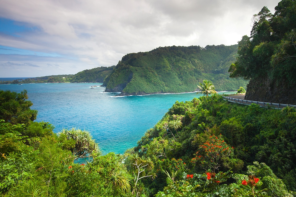 Scenic coastal view of Maui with turquoise ocean waters, lush green cliffs, and tropical vegetation. 