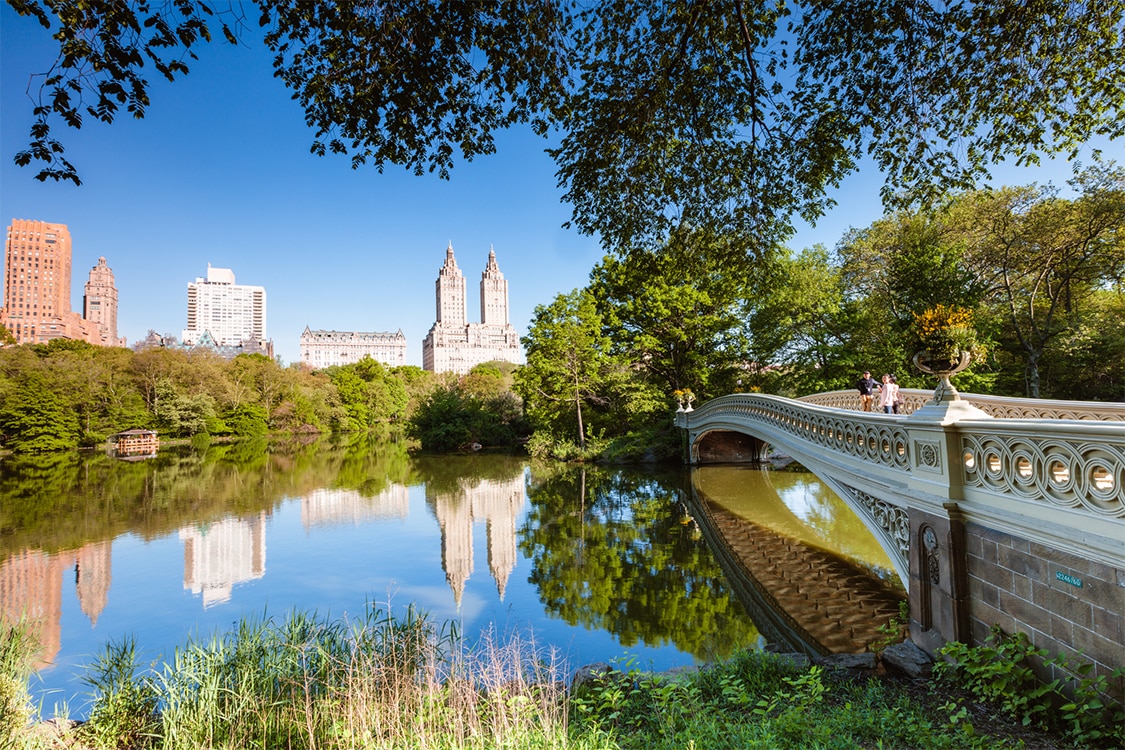 Central park Bow Bridge overlooking lake with New York CIty skyline reflected in the lake on a sunny day. 