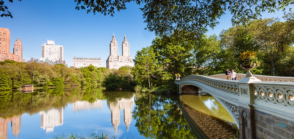 Central park Bow Bridge overlooking lake with New York CIty skyline reflected in the lake on a sunny day. 