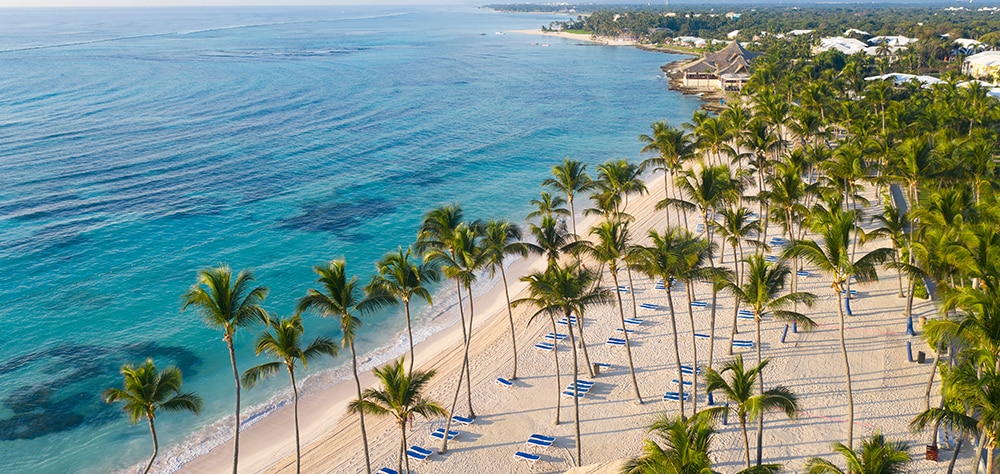 Aerial view of palm tree lined beach with turquoise waters during sunrise in Punta Cana. 