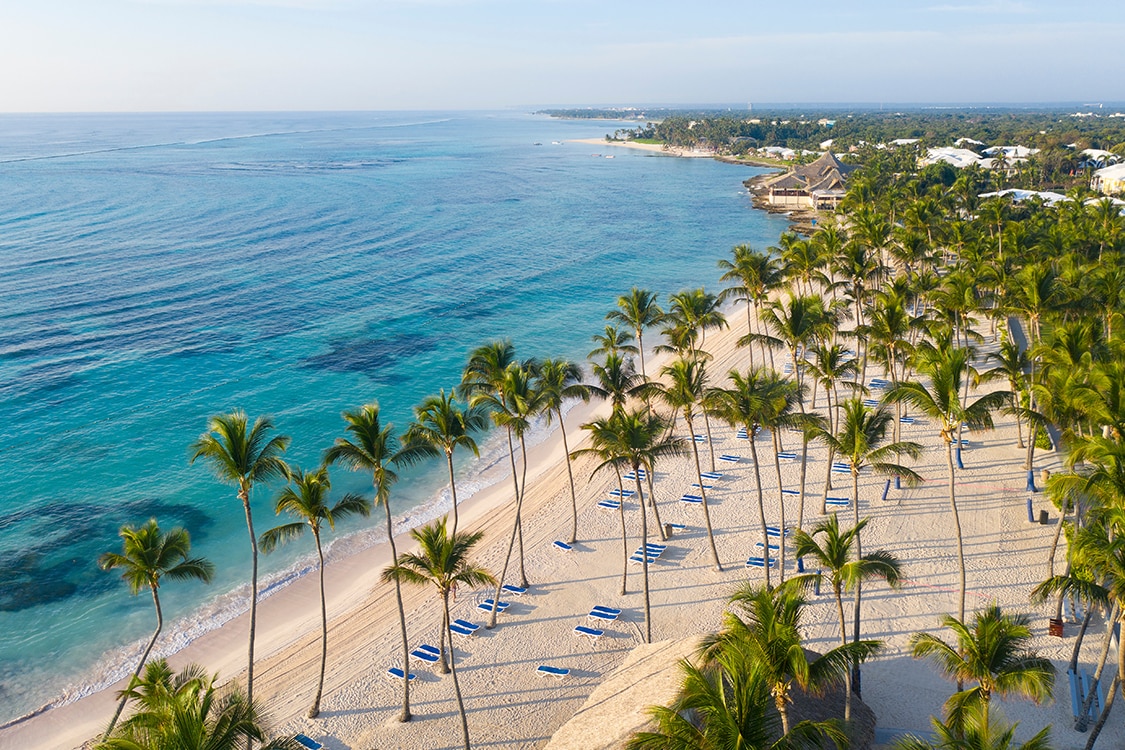 Aerial view of palm tree lined beach with turquoise waters during sunrise in Punta Cana. 