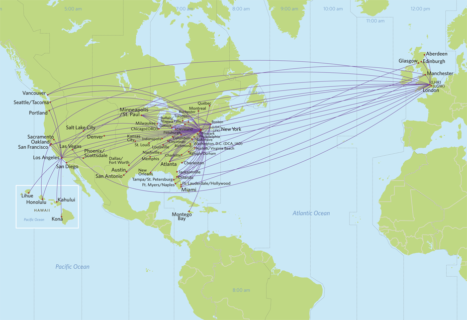Mapa de rotas da Virgin Atlantic e Delta
